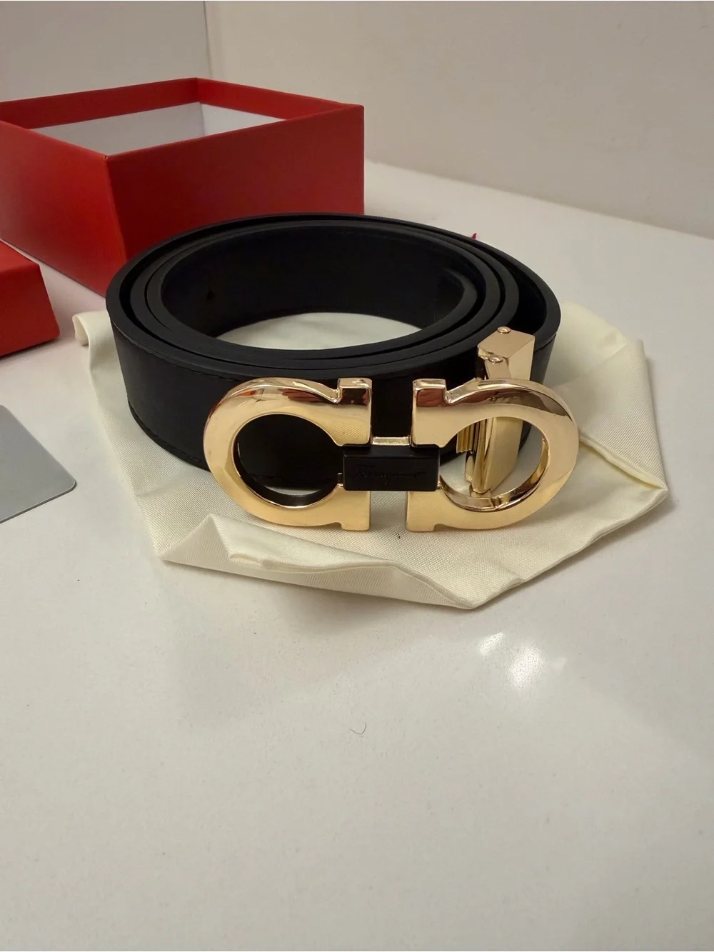 Salvatore Ferragamo Black Leather Belt with Gold Double Gancini Buckle